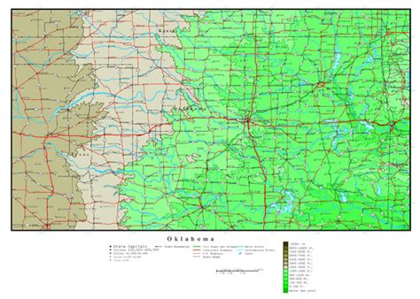 Large Detailed Elevation Map Of Oklahoma State With Roads Highways And