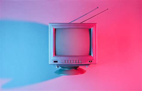 Retro Wave 80s Old Tv With Antenna With Neon Light Top View