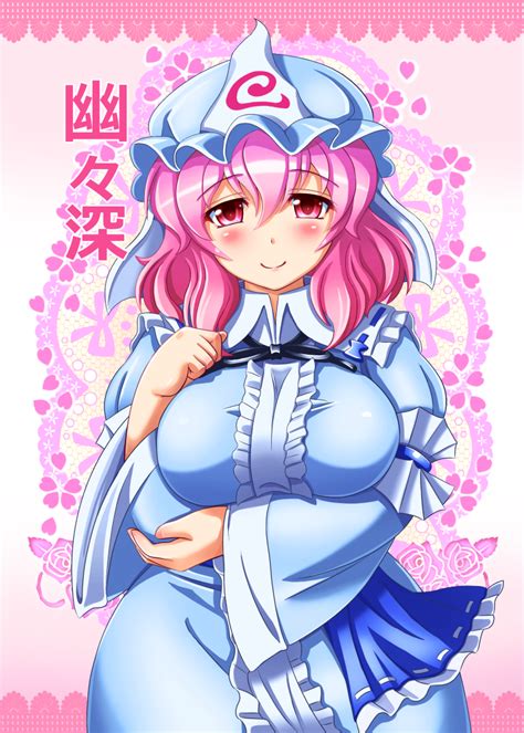 Safebooru Breast Hold Breasts Ghost Hat Hips Japanese Clothes Large Breasts Pink Hair Red Eyes