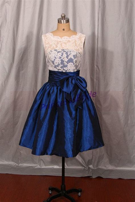 2014 Short Ivory Lace And Navy Blue Taffeta Bridesmaid Dressescheap