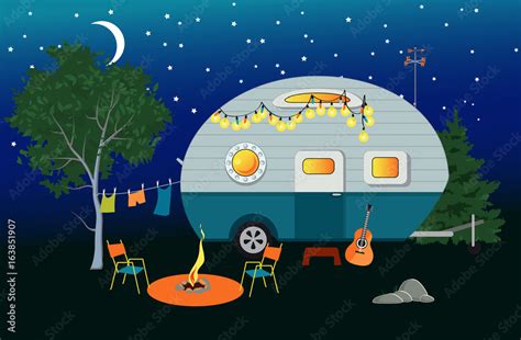 Vecteur Stock Cartoon Travelling Night Scene With A Vintage Camper A