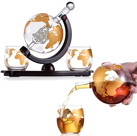 Buy Bezrat Whiskey Decanter Globe Set With Two 10 Oz Gold Etched Globe Whisky Glasses On