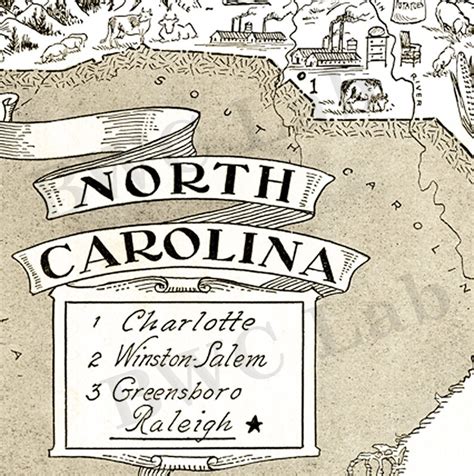 Pictorial Map Of North Carolina Fun Illustration Of Vintage Etsy
