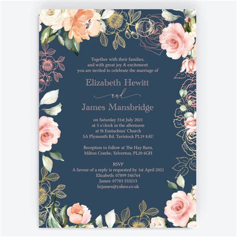 Navy Blush And Rose Gold Floral Wedding Invitation From £100 Each