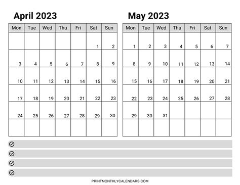 Free April May 2023 Calendar Printable Two Month On A Separate Page Riset