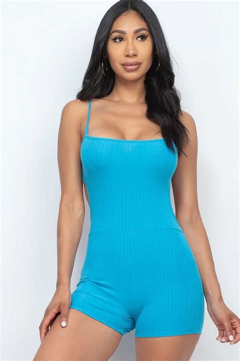 Womens Ribbed Sleeveless Back Cutout Bodycon Active Romper Jumpsuits And Rompers Usmeeeshop