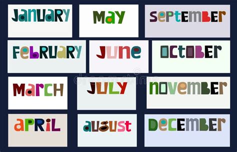Names Of Months Of The Year Colourful Typeface Vector Text Stock