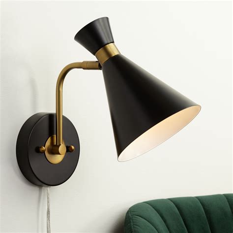 360 Lighting Mid Century Modern Wall Lamp Matte Black Brass Plug In