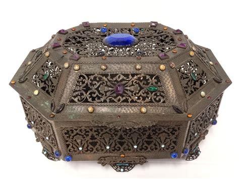 Fancy 1920s Vanity Jewelry Box Bronzed Ormolu Filigree Jeweled Large