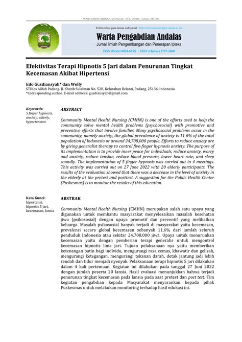 Pdf Efektivitas Terapi Hipnotis Jari Dalam Penurunan Tingkat