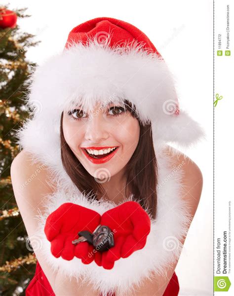 Christmas Girl In Santa Hat With Fir Tree Stock Photo Image Of Drive