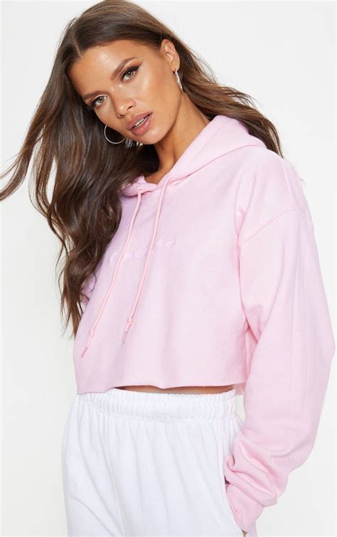 Prettylittlething Light Pink Embroidered Crop Hoodie Cropped Hoodie