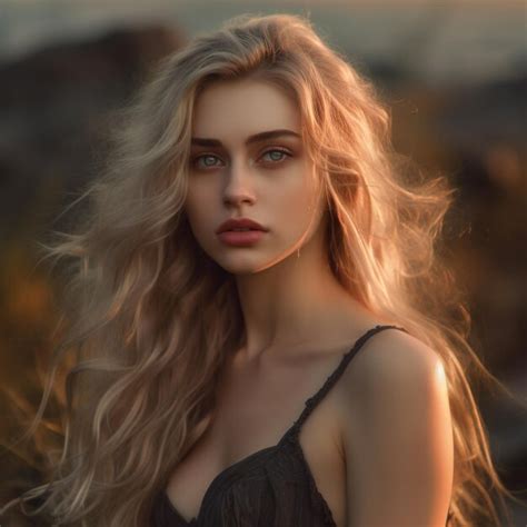 Premium Ai Image A Woman With Long Blonde Hair And A Black Top Is Standing In Front Of A Sunset