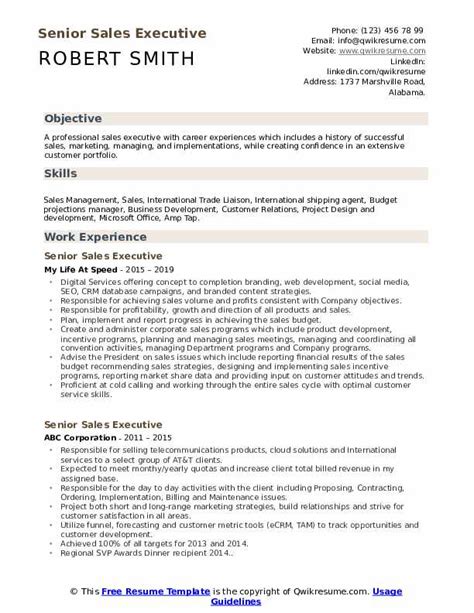 Download sample resume templates in pdf, word formats. Senior Sales Executive Resume Samples | QwikResume