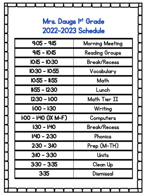 Mrs Daugs 1st Grade Class Schedule