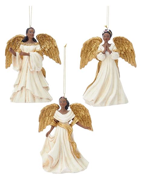 Kurt Adler Ivory N Gold Black African American Angel Ornaments 3pc Set