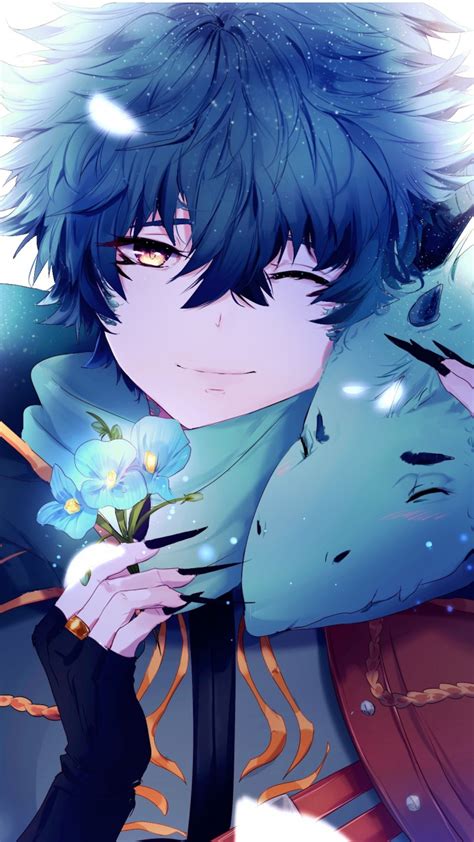 Download Anime Boy Dragon Blue Flowers Original Artwork 720x1280