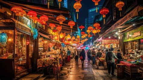 A Bustling Night Market Filled With Colorful Stalls And Illuminated By