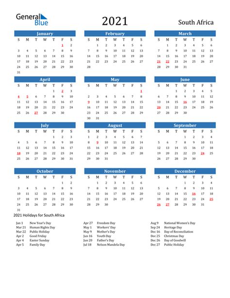 2021 South Africa Calendar With Holidays