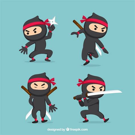 Ninjas Character Collection With Different Poses Free Vector