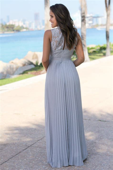 Gray Lace Maxi Dress With Pleated Skirt Maxi Dresses Saved By The Dress