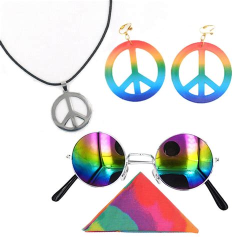 kangyuanshuai hippie sunglasses peace sign pendant earrings rainbow hood 60 or 70 s dress up