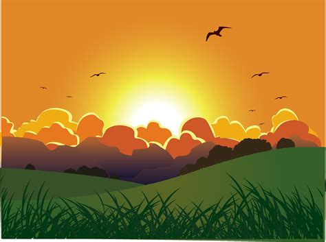 Wallpaper Illustration Birds Sunset Grass Clouds Morning Vector