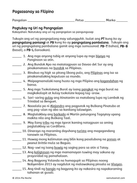 Pagtukoy Sa Uri Ng Pangngalan Worksheets Theresia Info