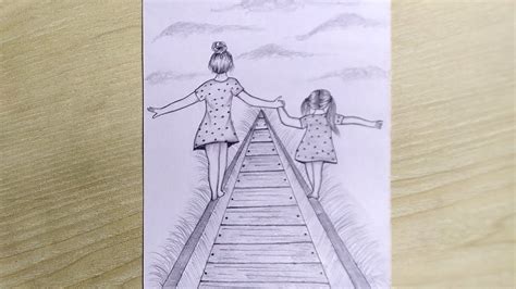 Two Sisters Walking On A Railway Scenery Pencil Sketch Drawing Step