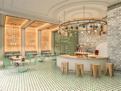 The Interior Of A Restaurant With Green And White Checkered Flooring
