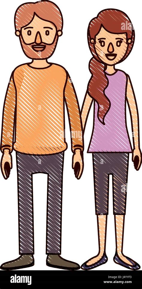 Color Crayon Stripe Cartoon Full Body Couple Woman With Ponytail Side