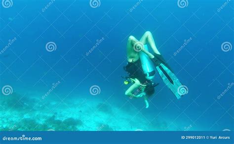 Ocean Woman On Scuba Diving Adventure In Coral Reef And Under Water Nature Biodiversity Or