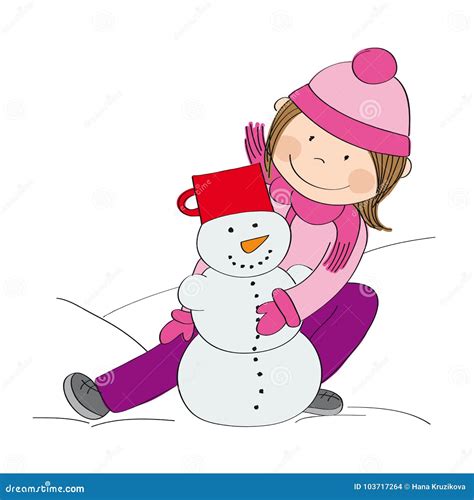 Cute Little Girl Making A Snowman Playing In The Snow Stock Vector