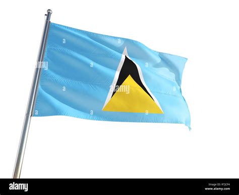 Saint Lucia National Flag Waving In The Wind Isolated White Background