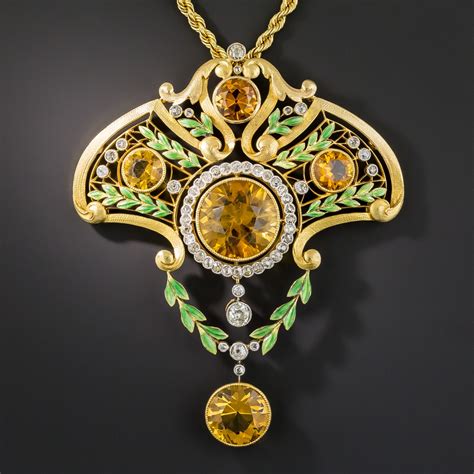Large French Art Nouveau Citrine And Diamond Lavalière Necklace Art