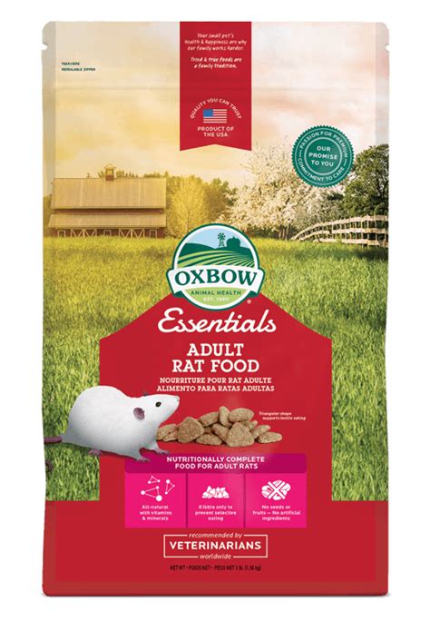 This complete and balanced rat food is low in fat and this product is not intended for young, pregnant or nursing rats. Oxbow Essentials Adult Rat Food