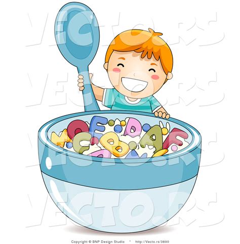 Vector Of Happy Cartoon Boy Holding With Big Bowl Of
