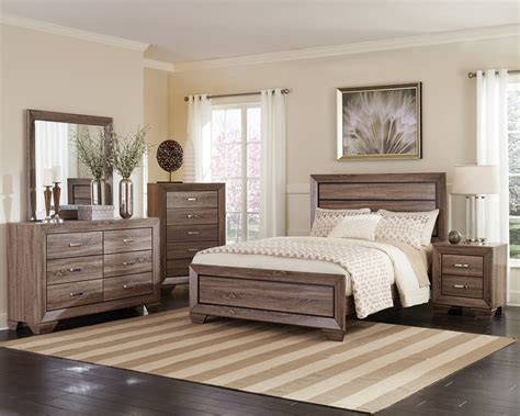 Unify a master bedroom and master bath with common materials and colors. Coaster Kauffman Bedroom Collection - Washed Taupe 204191-BEDROOM-SET at Homelement.com
