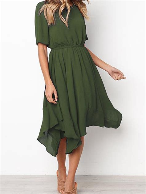 Army Green Asymmetric Hem Flare Sleeve Women Midi Dress Choies