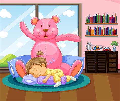 Little Girl Sleeping With Pink Teddybear 419109 Vector Art At Vecteezy