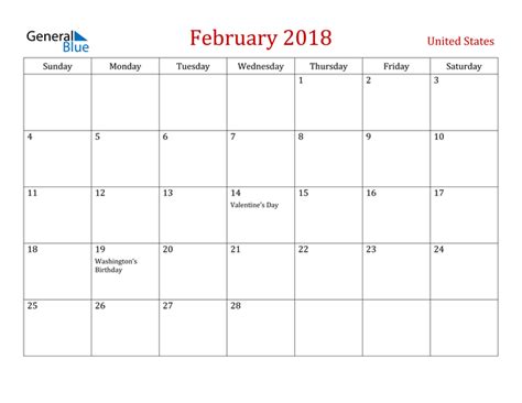 February 2018 Calendar With United States Holidays