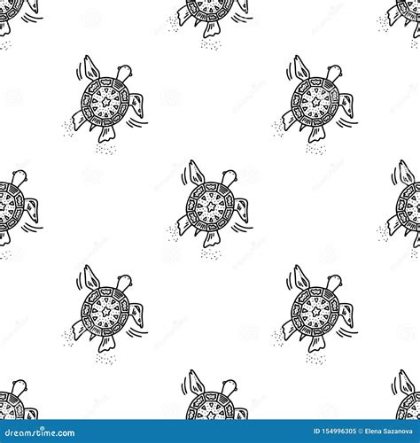Doodle Style Seamless Pattern With Black Turtle Stock Vector