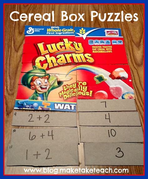 Match the picture on your cereal box puzzles, then turn it over for a bonus fun number puzzle and learn to count! Cereal Box Puzzles - Make Take & Teach