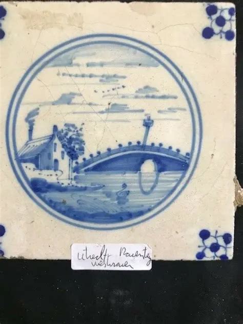 Antique Dutch Delft Blue And White Tile With Typical Dutch Scene 18th