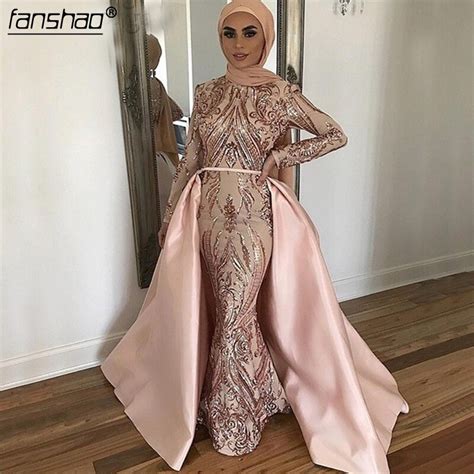 Pink Muslim Evening Dresses High Neck Sequins Lace Mermaid Islamic