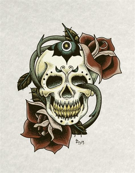 Skull And Roses Tattoo Flash Art On Pantone Canvas Gallery