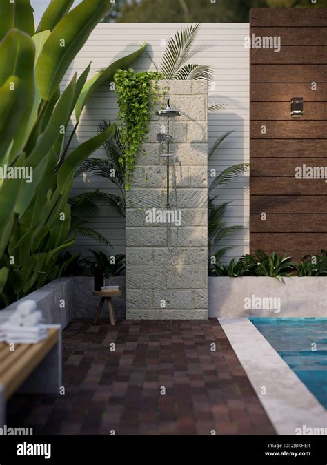 Stunning Outdoor Shower In The Tropical Green Garden By The Pool In