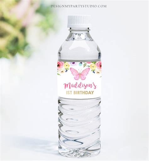 Editable Butterfly Water Bottle Label Girl First Birthday Etsy