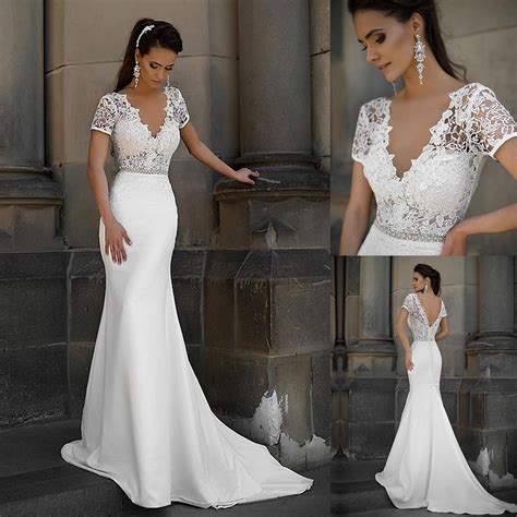 Junoesque Lace And Satin V Neck Neckline Mermaid Wedding Dresses With