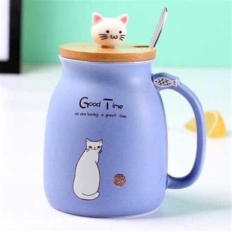 Cute Kitty Cat Ceramic Mug With Spoon And Lid Freakypet
